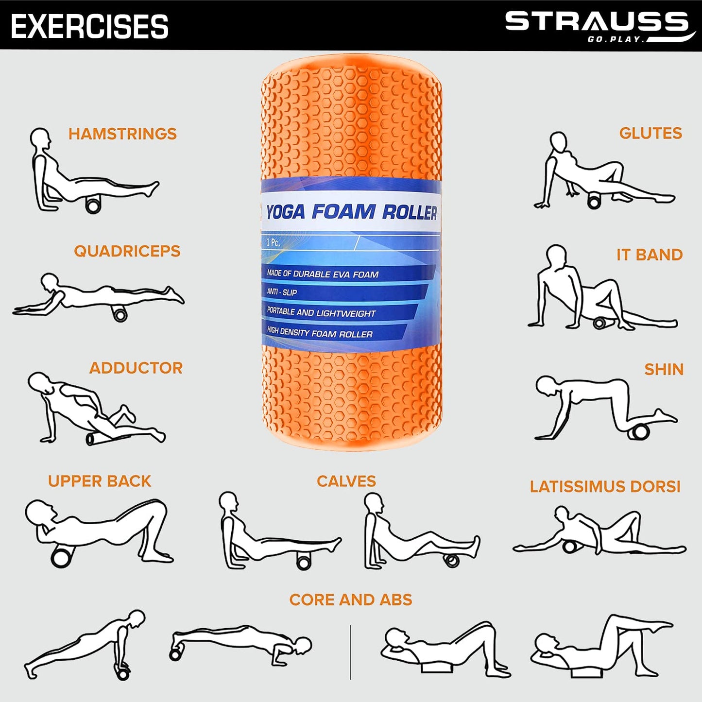 Strauss Yoga Foam Roller  Ideal For Exercise Muscle Recovery Physiotherapy Pain Relief  Myofascial  Deep Tissue Massage Roller 45 Cm Orange