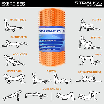 Strauss Yoga Foam Roller  Ideal For Exercise Muscle Recovery Physiotherapy Pain Relief  Myofascial  Deep Tissue Massage Roller 45 Cm Orange