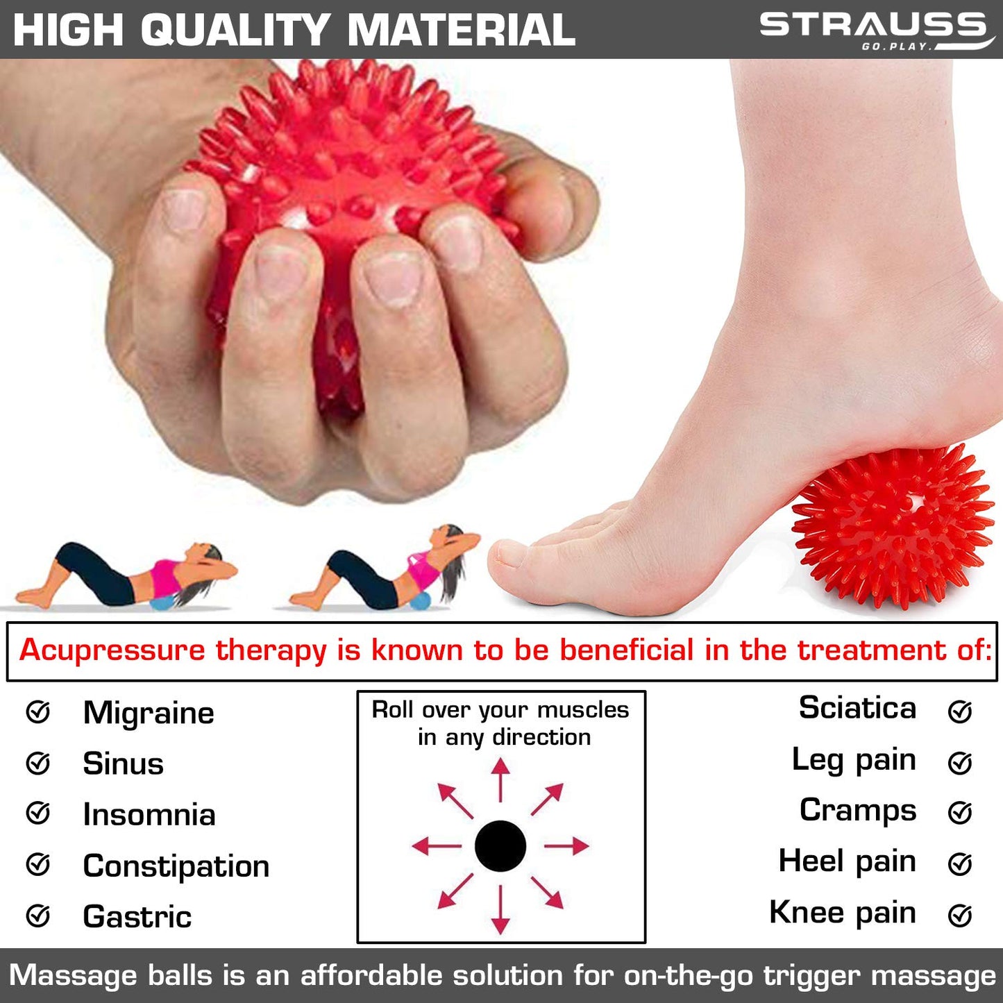 Strauss 2.7" Acupressure Massage Ball for Physiotherapy, Deep Tissue, Trigger Point, Myofascial Release, Pain Relief - Red