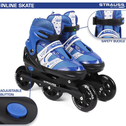 STRAUSS Blaze Adjustable Inline Skates for Boys & Girls, 3 Wheels, Beginner-Friendly, Enhanced Stability, Size L, Blue