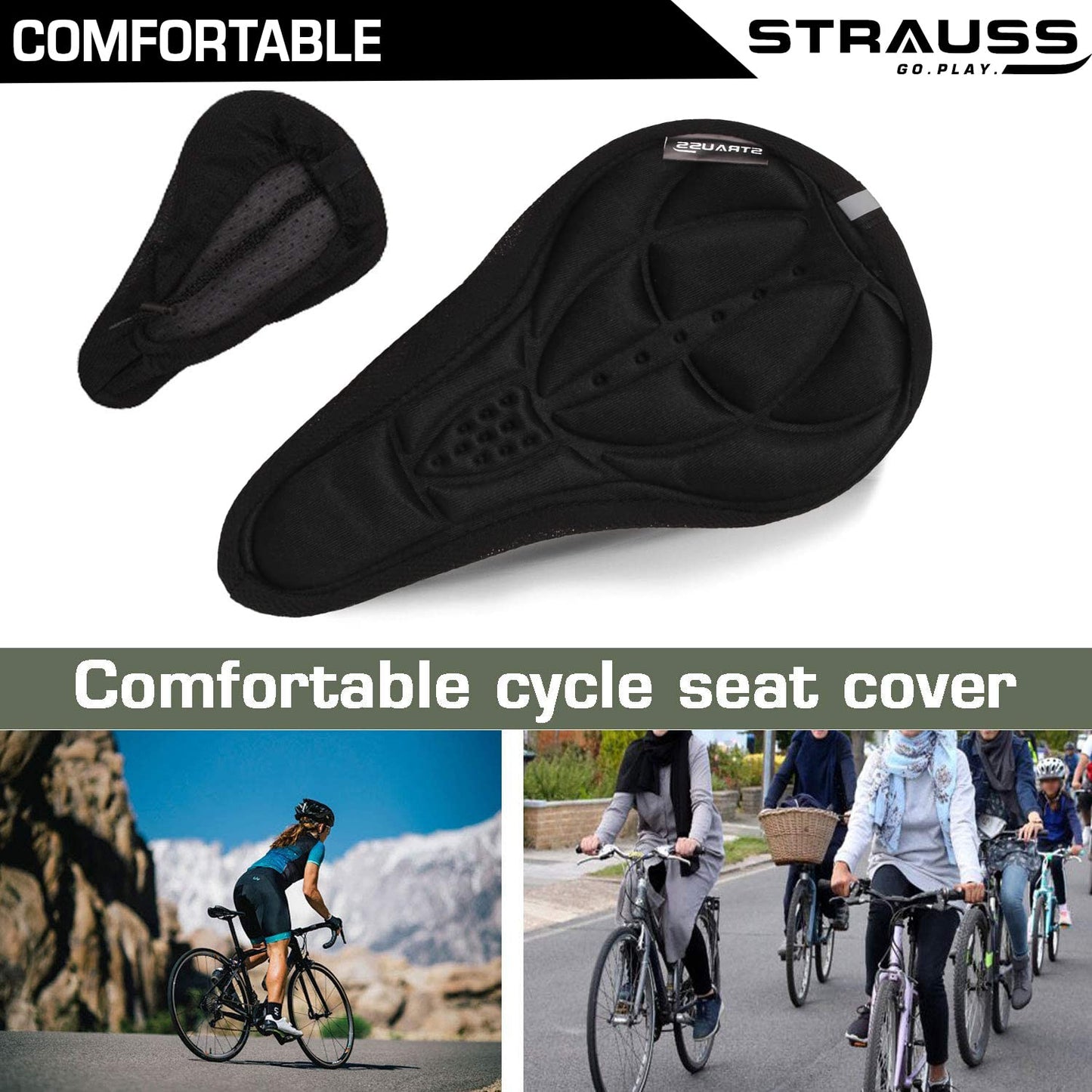 Strauss Saddle Seat Cover with Anti-Slip Granules  Soft Thick Padding  Superior Comfort Breathable Design  Comes with Adjustable Rope Straps  Fits All Cycles Black