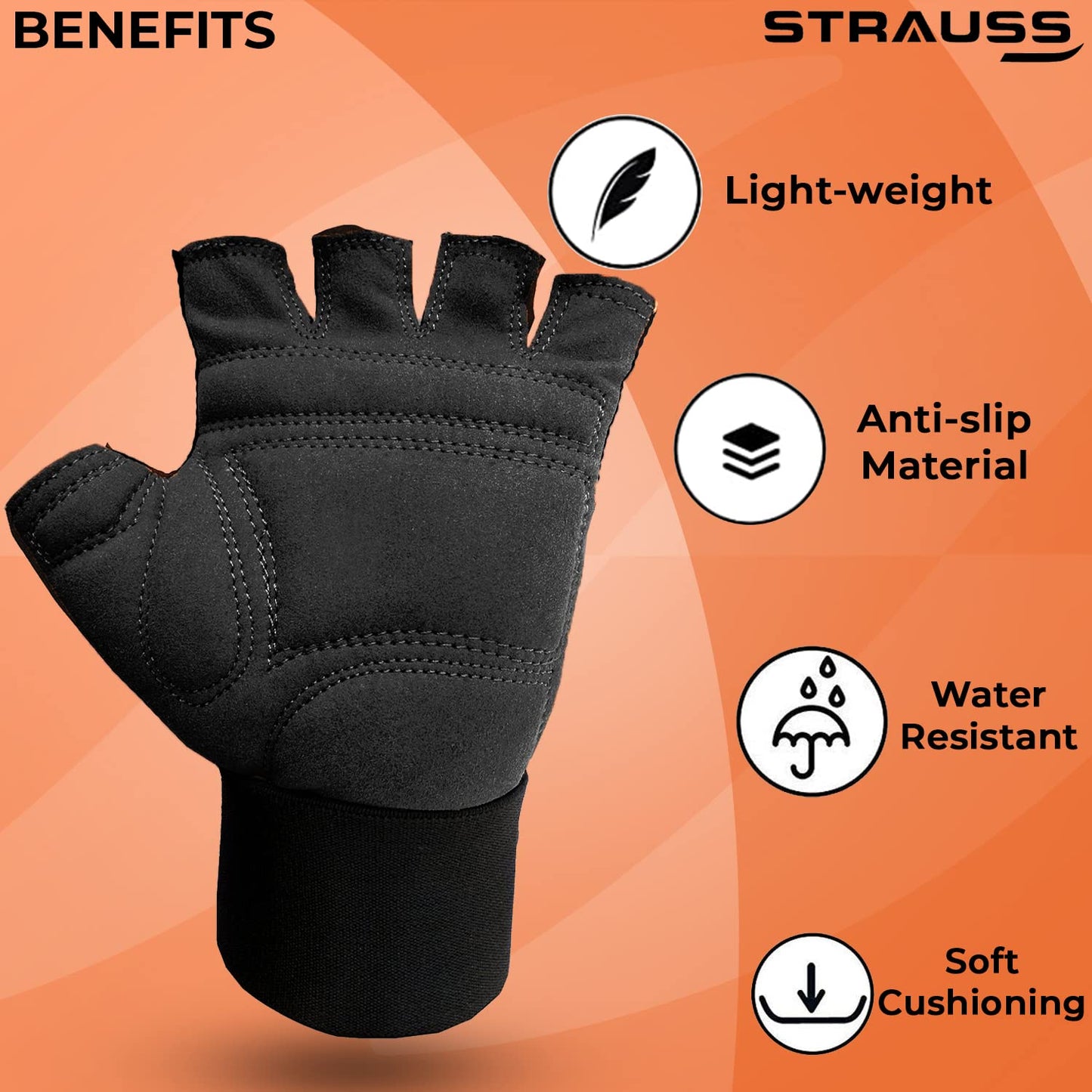 STRAUSS Suede Gym Gloves for Weightlifting, Cycling, Exercise. Half Finger, 8mm Foam Cushioning, Anti-Slip, Breathable Lycra, Black, XL.