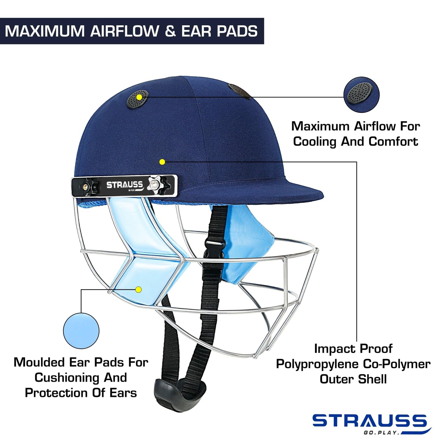 Strauss Cricket Helmet, Steel Grill, Medium, Age 15+, Blue, Men/Women, Lightweight, Advanced Protection, Leather Ball.