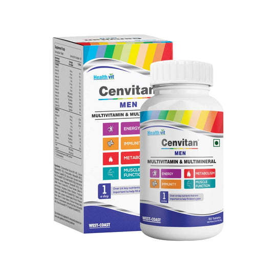 Healthvit Cenvitan Multivitamin for Men: Daily Nutrition, Immunity, Hair, Skin, Nails, Bone Health, Energy, Metabolism - 60 Tablets, 24 Nutrients