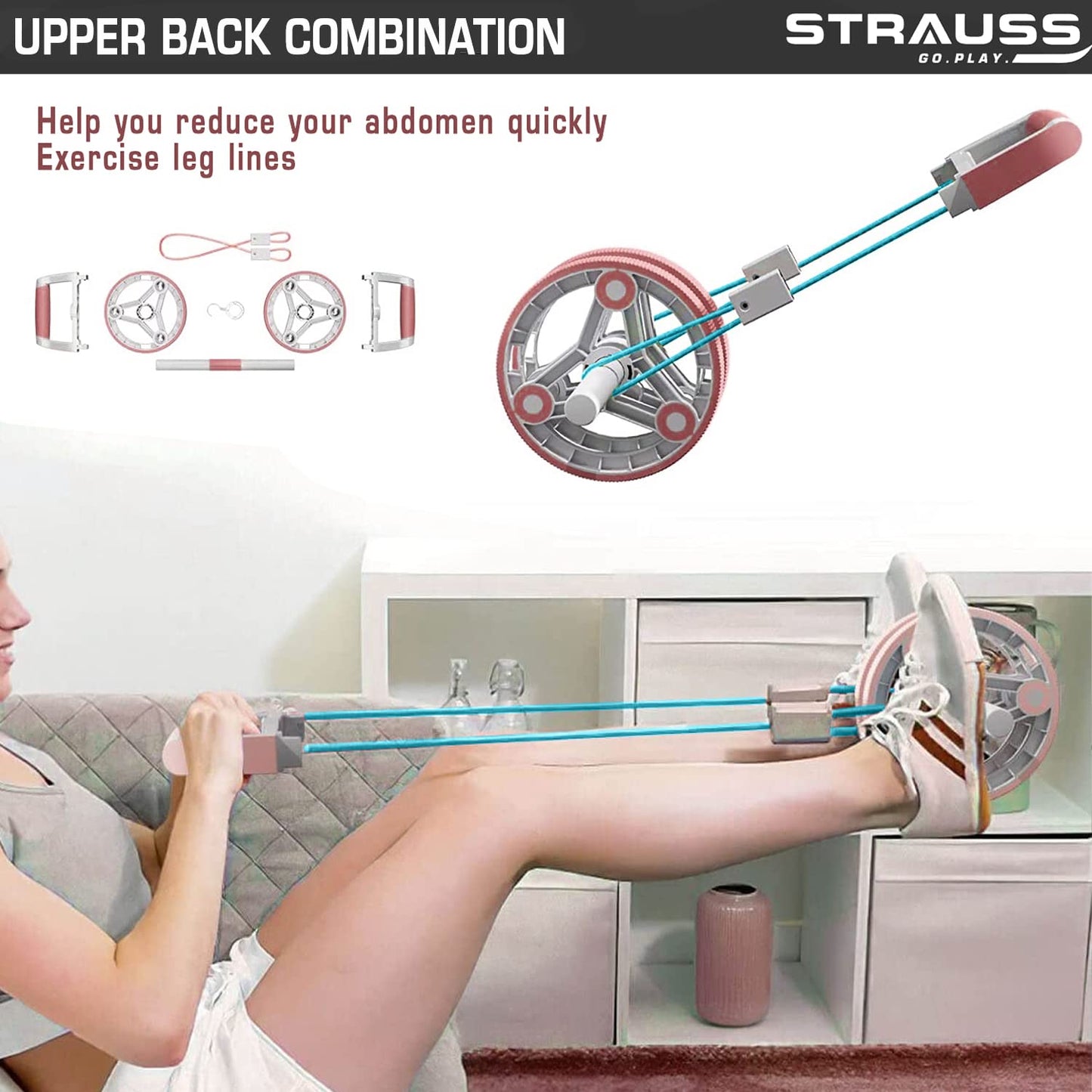 Strauss Ab Roller with Push Up Bar, Resistance Tube, Plank Roller for Core Training, Push-Ups, Pull-Ups, Squats, Glutes, Core Workout, Pink