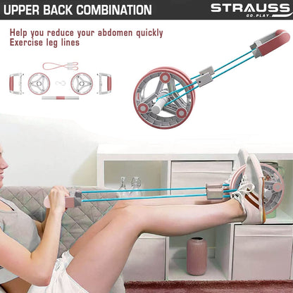 Strauss Ab Roller with Push Up Bar, Resistance Tube, Plank Roller for Core Training, Push-Ups, Pull-Ups, Squats, Glutes, Core Workout, Pink