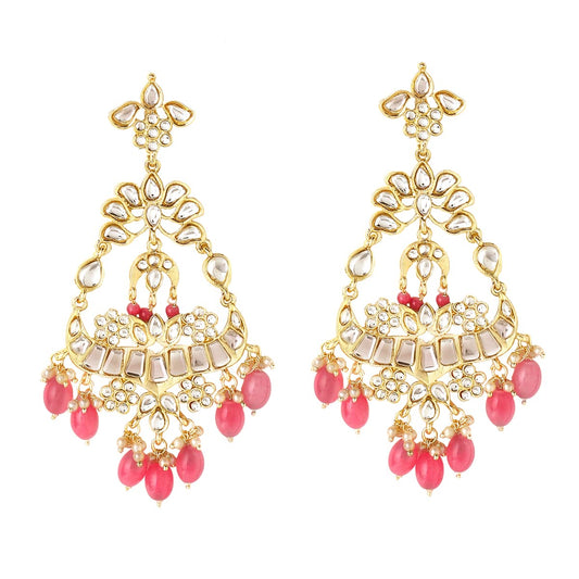 Yellow Chimes Earrings for Women Gold Toned Kundan Studded Traditional Pink Beads Long Dangler Earrings for Women and Girls