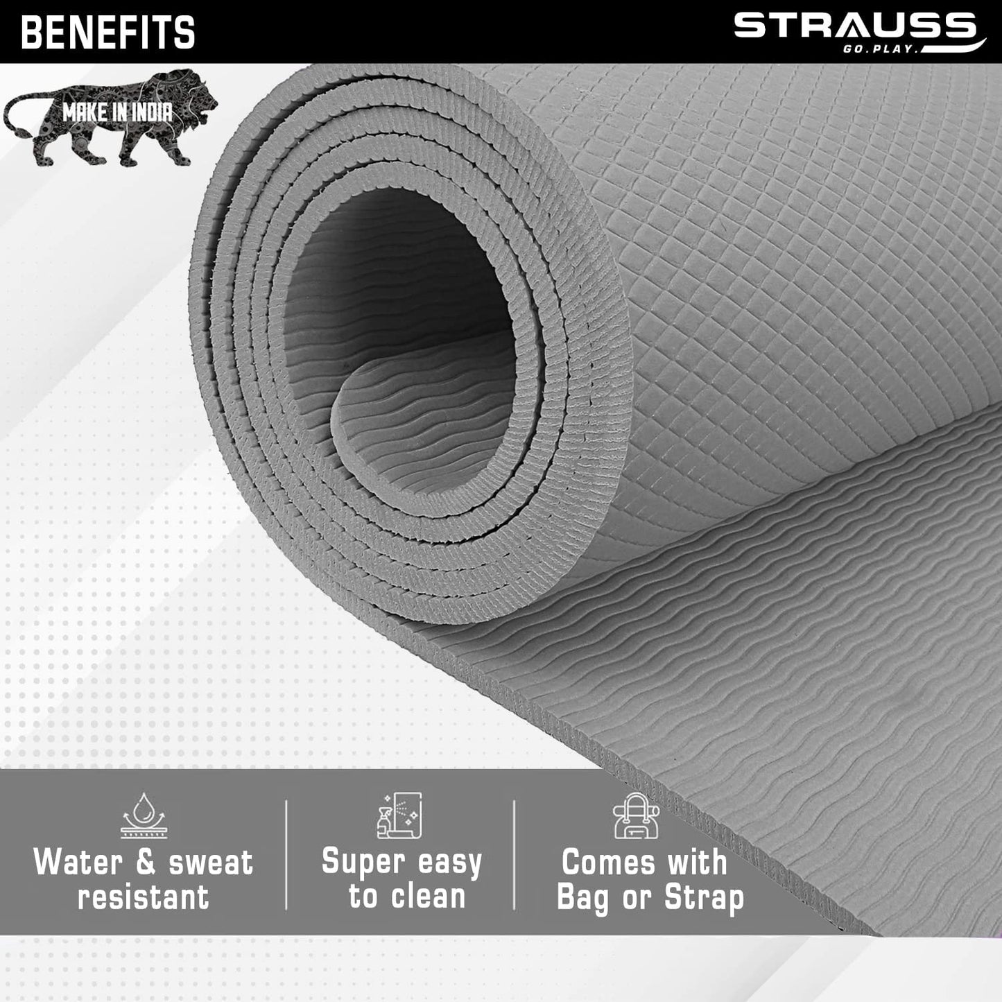 Strauss Anti Skid EVA Yoga Mat with Carry Bag 6mm Grey