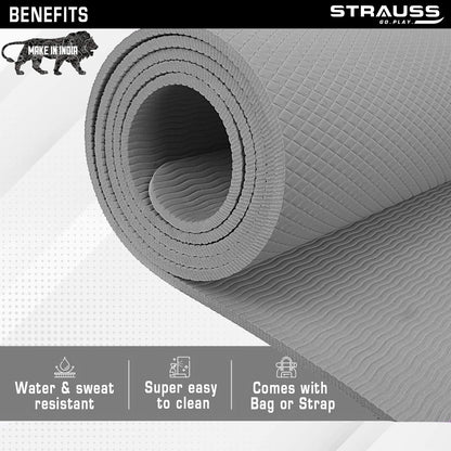 Strauss Anti Skid EVA Yoga Mat with Carry Strap 6mm Grey