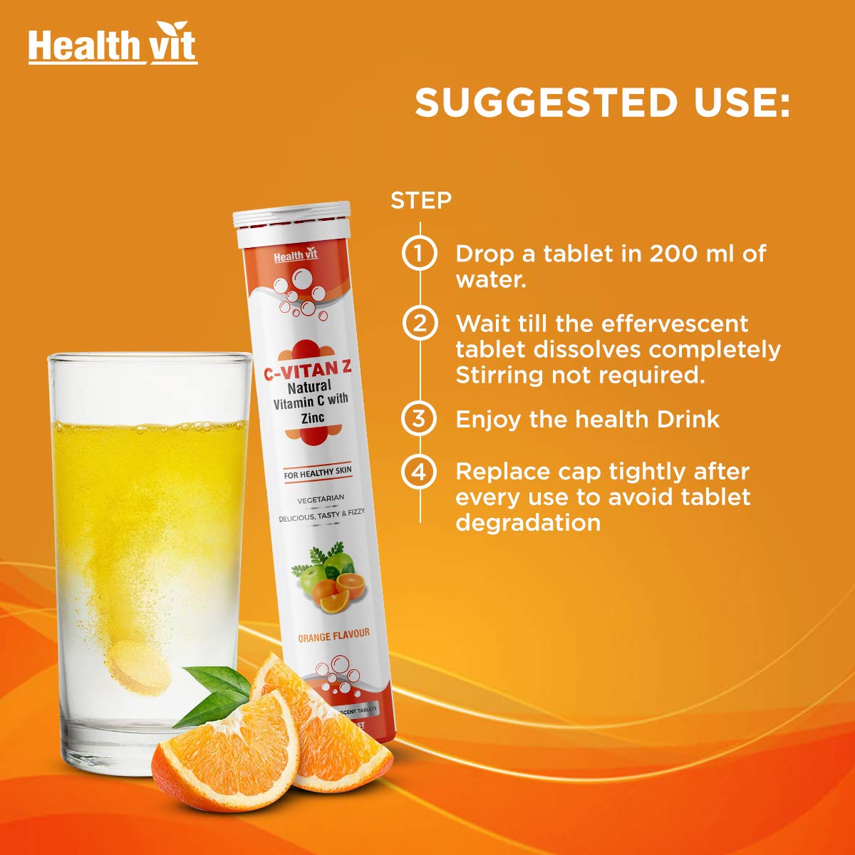 Healthvit C-Vitan-Z: Vitamin C 40mg, Amla 500mg, Zinc. Antioxidant, Immunity, Skin Health. Sugar-Free, 20 Effervescent Orange Tablets.