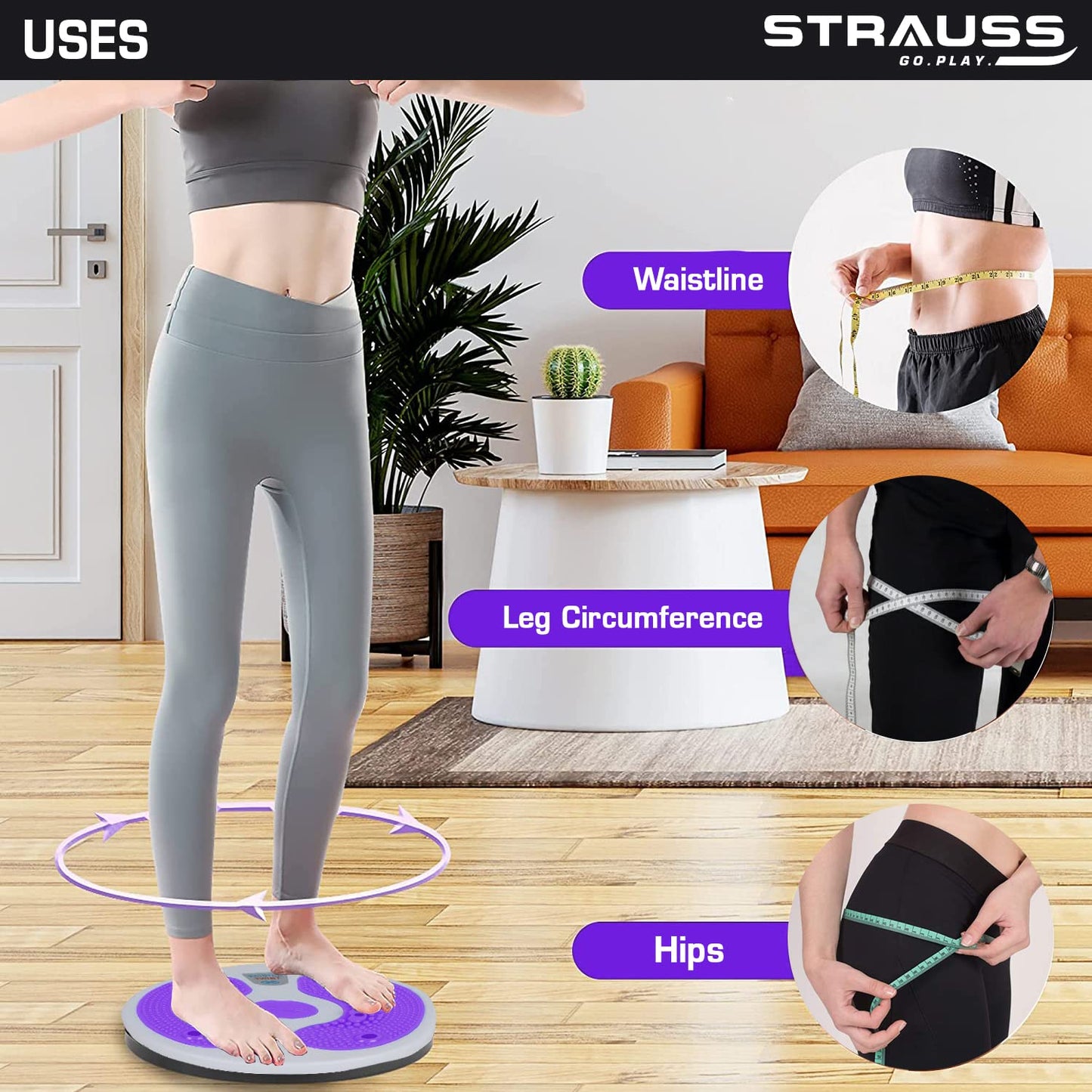 Strauss Tummy Twister Abs Roller, Body Toner for Men & Women, Fat Burner, Non-Slip, Ideal Home Exercise Equipment, White/Purple