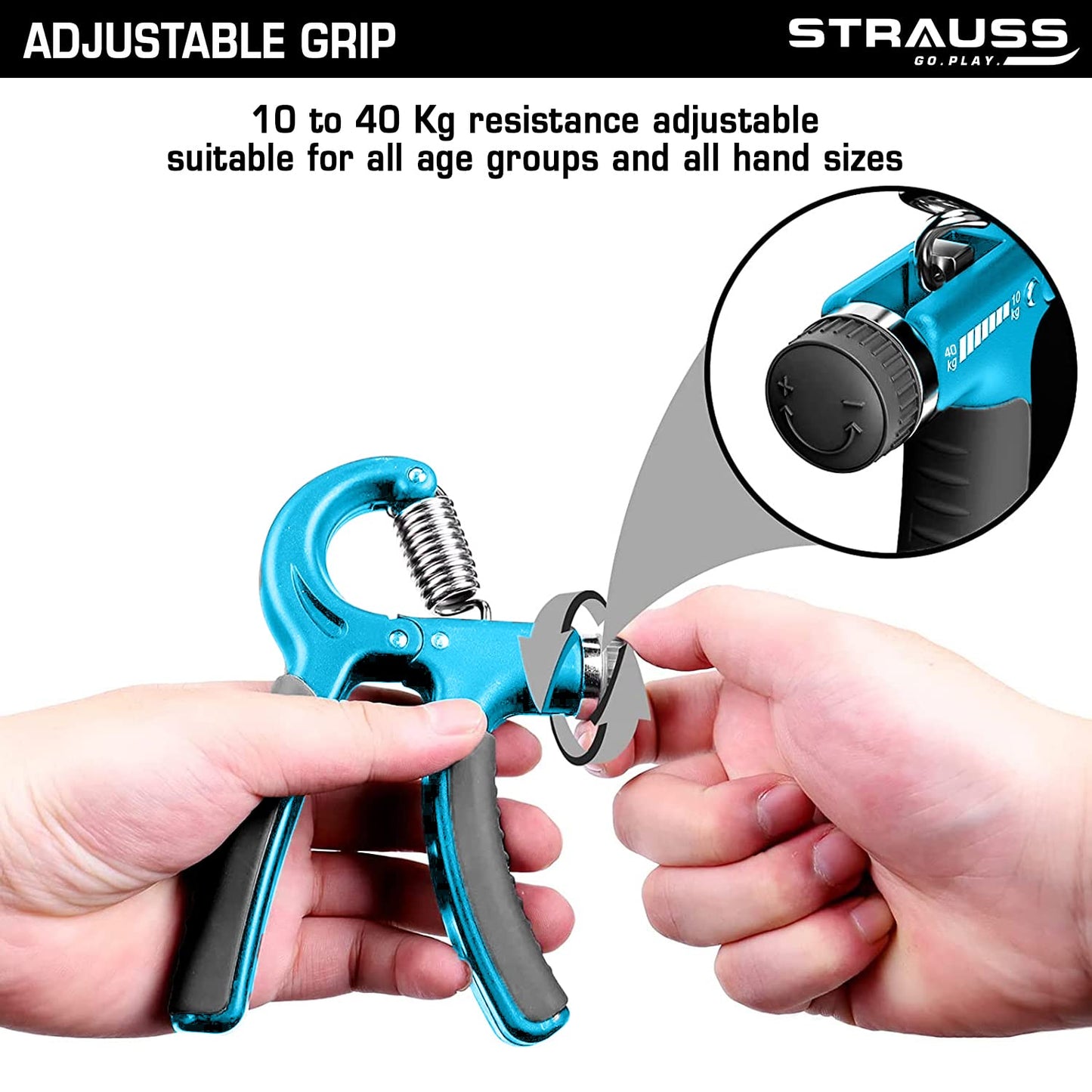 Strauss Adjustable Hand Grip 10KG-40KG for Home Gym Workouts, Perfect for Finger, Forearm, Hand Exercises, Strength Building for Men & Women.