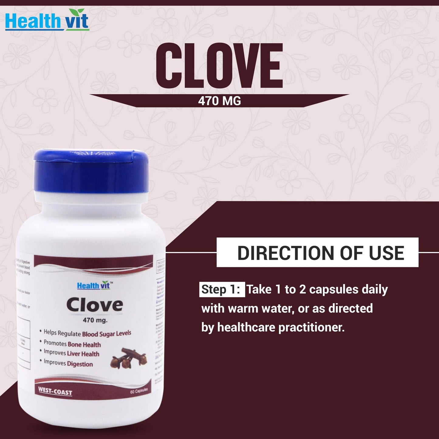 Healthvit Clove 470mg For Better Digestion  Improves Liver Health Helps In Increase The White Cell Count  100 Natural And Vegan  60 Capsules