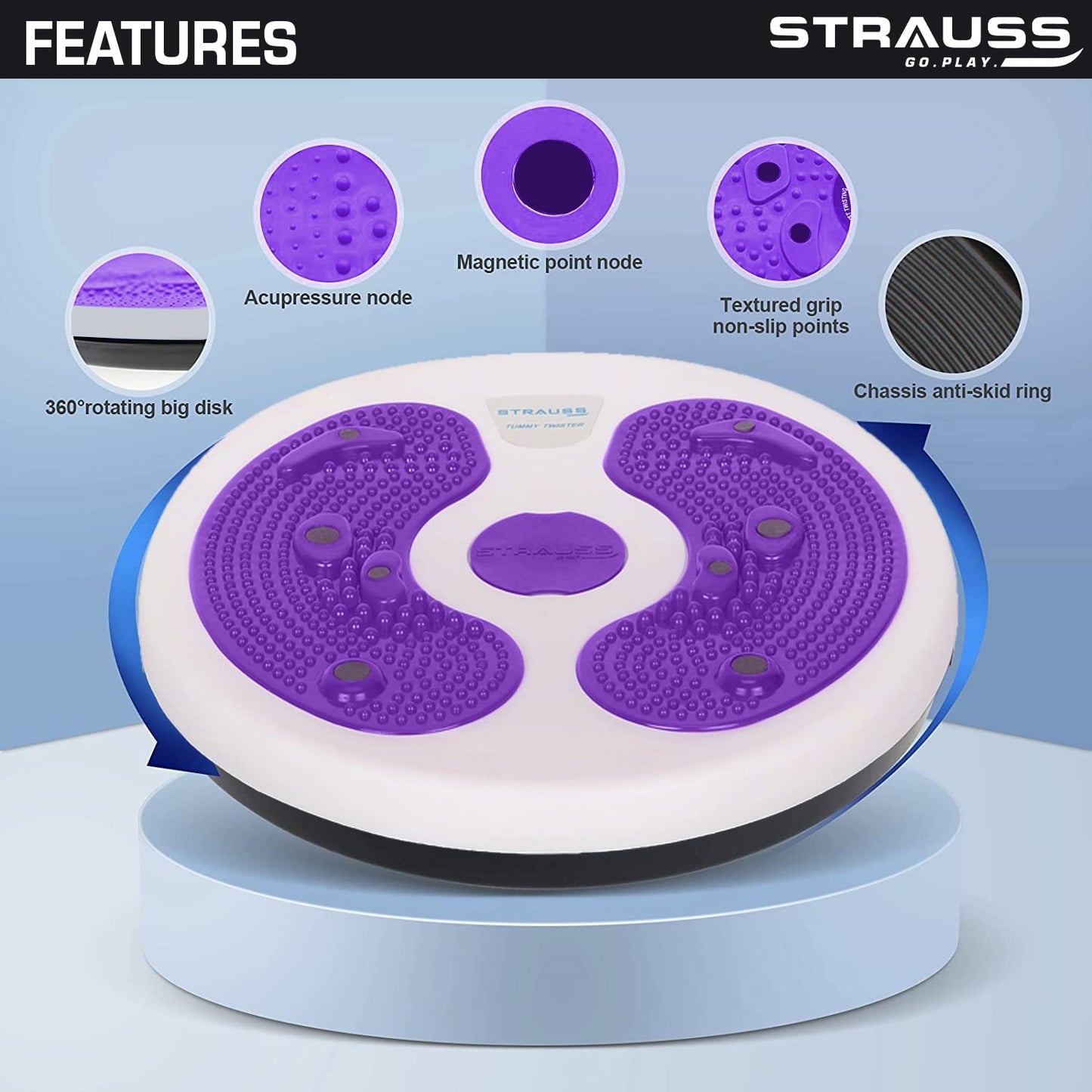 Strauss Tummy Twister Abs Roller, Body Toner for Men & Women, Fat Burner, Non-Slip, Ideal Home Exercise Equipment, White/Purple