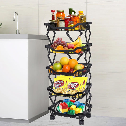 The Better Home Collapsible Black Stackable Kitchen Basket, Carbon Steel, Foldable, Rust-Resistant, Unbreakable, 5 layers for Fruits & Vegetables.