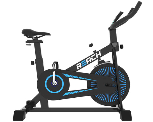 Reach Apollo Spin Bike: 6.5KG Flywheel, 8 Resistance Levels, 110KG Max Weight, LCD Monitor, 12-Month Warranty.