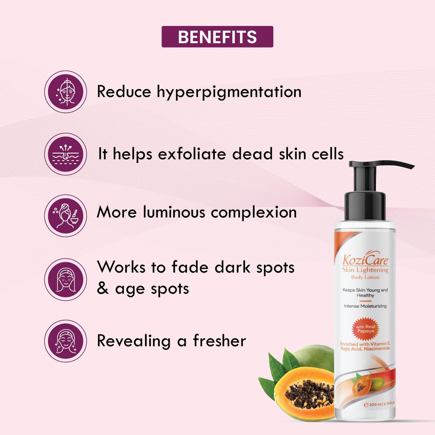 Kozicare Papaya LighteningBrightening Body Lotion with Papaya Kojic Acid Vitamin E Shea Butter Niacinamide Deeply Hydrates and Brightens Skin For All Skin Types  200ml