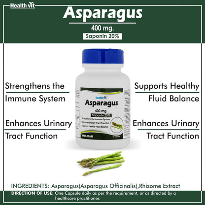 Healthvit Asparagus 400mg 20 Saponin  Improve Immune System  Urinary Tract Function  Vegan  Gluten Free  60 Capsules