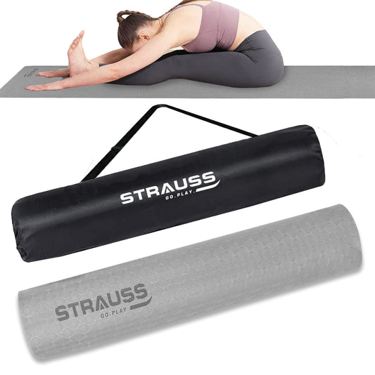 Strauss Anti Skid TPE Yoga Mat with Carry Bag 4mm Grey