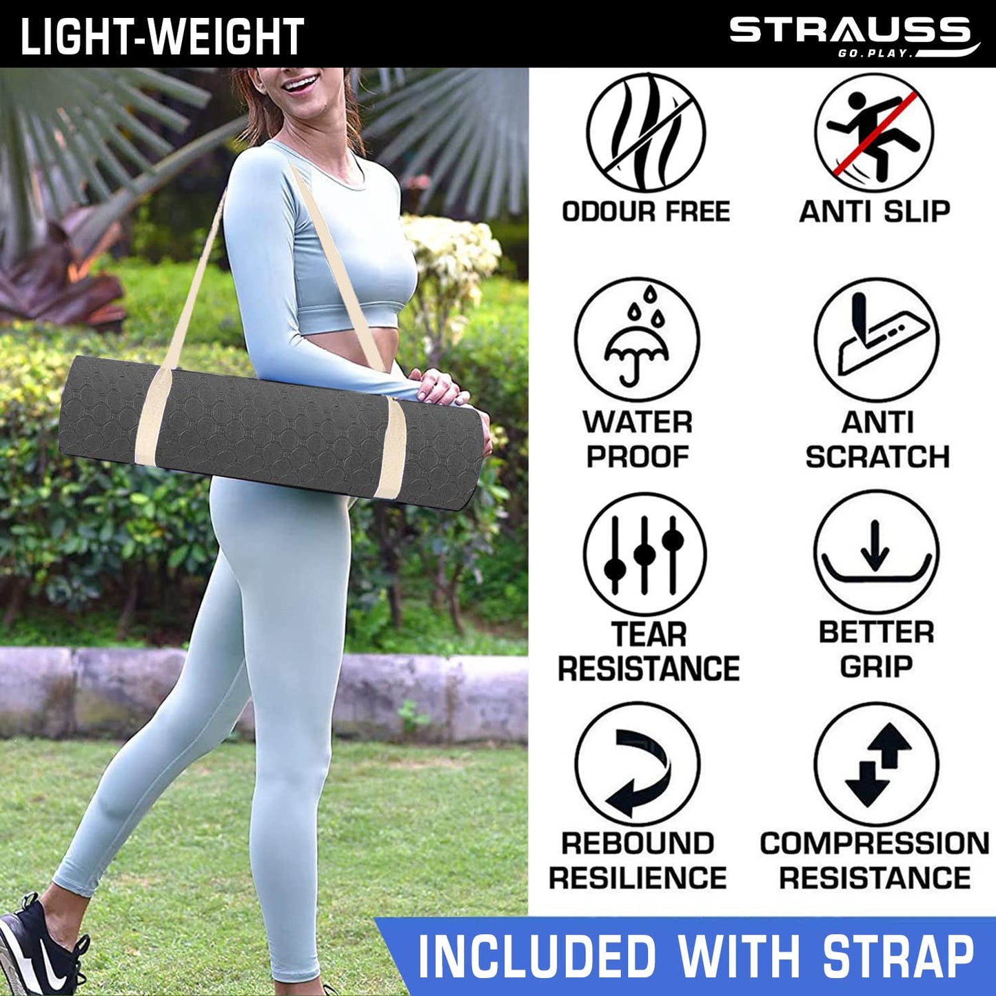 STRAUSS TPE Dual Layer Yoga Mat, 4MM, Lightweight, Eco-Friendly, Ideal for Home Gym, Includes Carry Strap, Black.