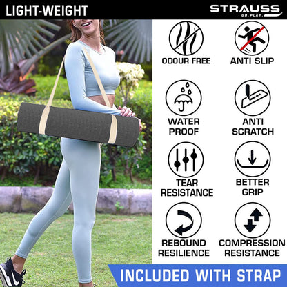 Strauss Anti Skid TPE Yoga Mat with Carry Strap 6mm Black