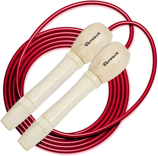 STRAUSS Wooden Skipping Rope  Comfortable Anti-Skid Handles Smooth Ball Bearing System Lightweight  Durable for Fitness Training and Exercise Red