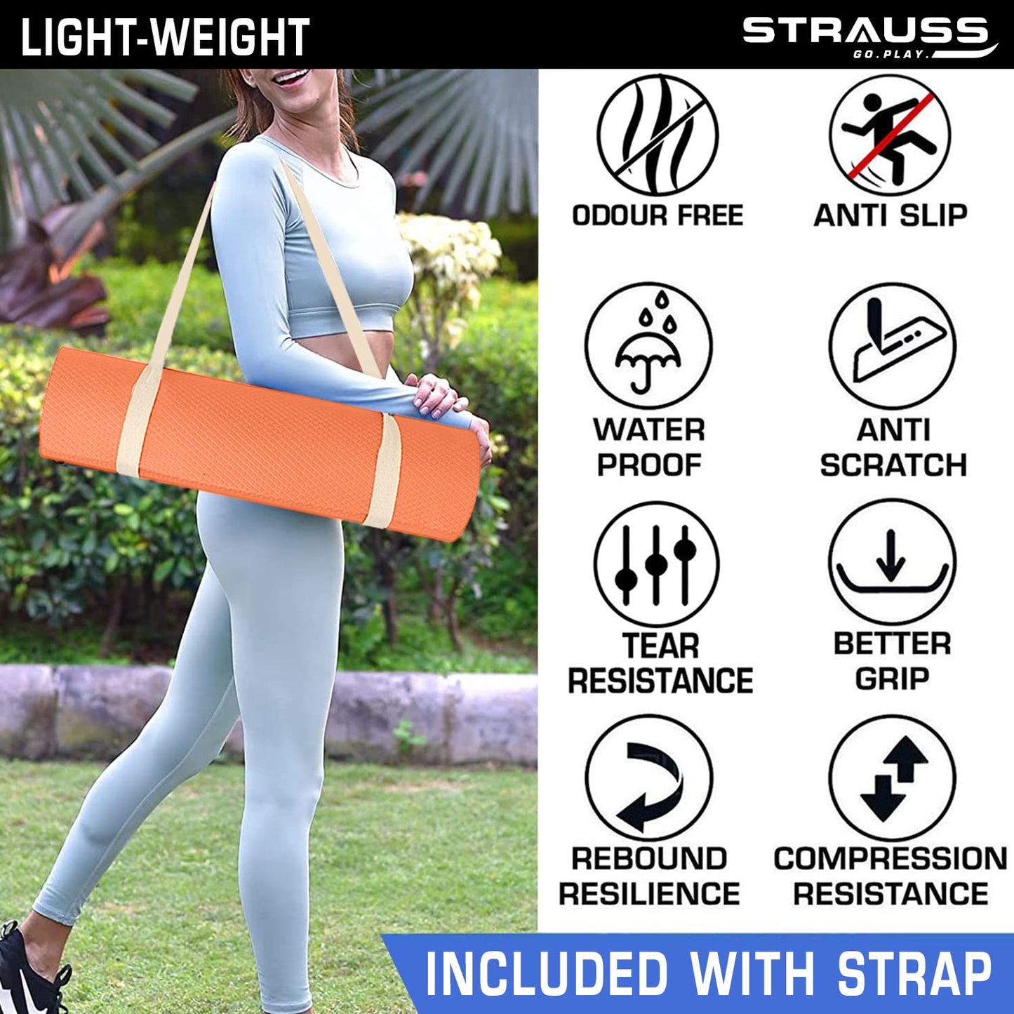 Strauss Anti Skid EVA Yoga Mat with Carry Strap 4mm Orange