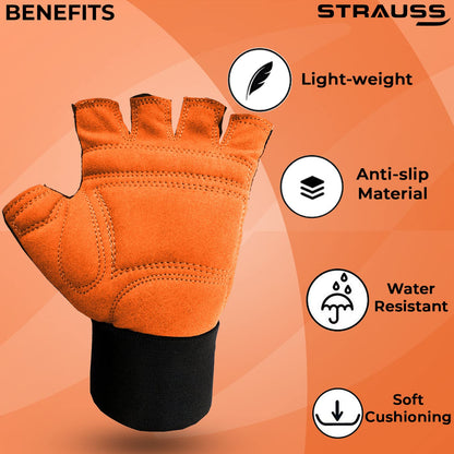 STRAUSS Suede Gym Gloves: Weightlifting, Training, Cycling, Exercise. Half Finger, 8mm Foam Cushion, Anti-Slip, Breathable Lycra, Black, Small.