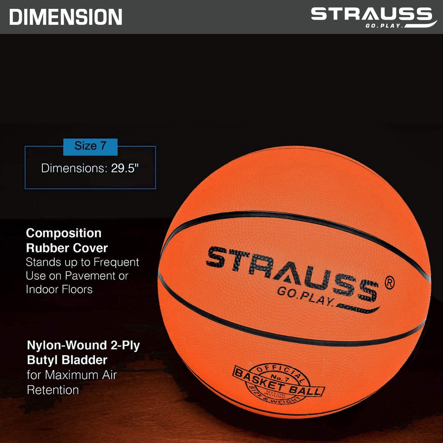 STRAUSS Zing Basketball Size 7 for Indoor-Outdoor Training, Matches, Hard Surface, Wooden Flooring, Synthetic Surface, Kids & Adults