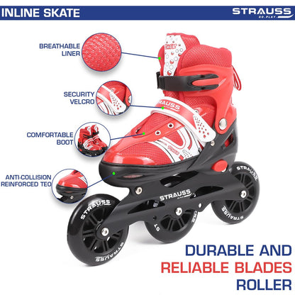 STRAUSS Blaze Adjustable Inline Skates for Boys & Girls, 3 Wheels, Beginner-Friendly, Enhanced Stability, Size M, Red