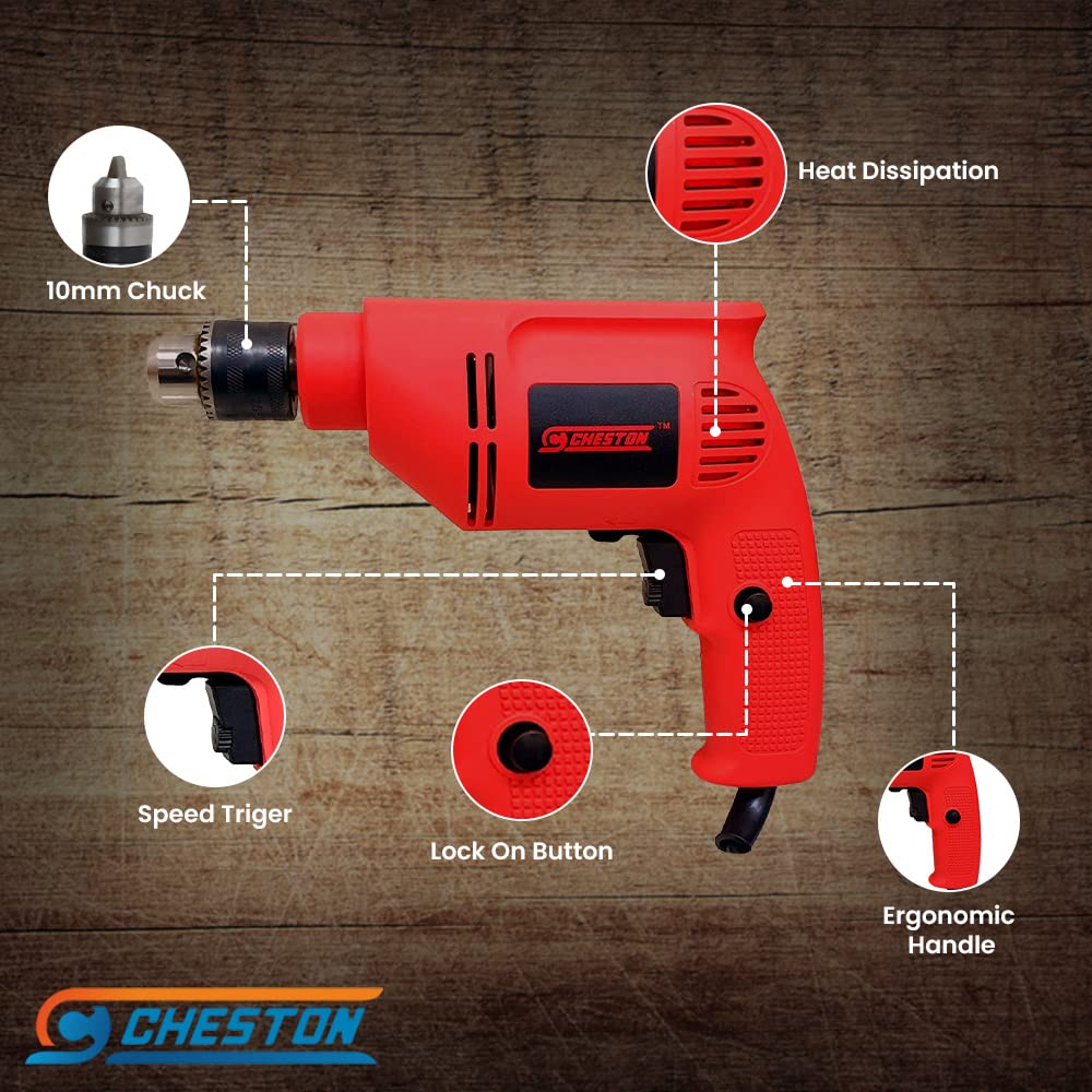 Cheston 10mm Powerful Drill Machine Screwdriver Reverse Forward Rotation with Variable Speed for Wall Metal Wood Drilling 5 Wall and 13 HSS BITS Included