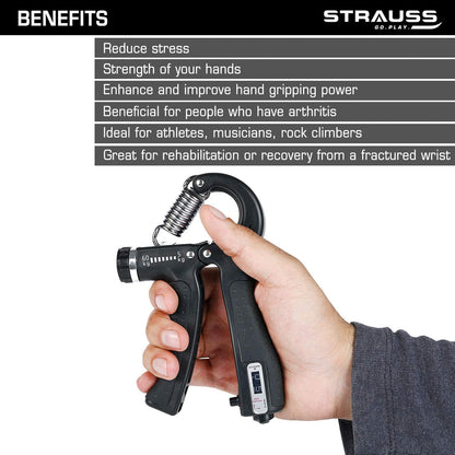 Strauss Adjustable Hand Grip with Counter, 5KG-60KG Resistance, Ideal for Forearm & Hand Exercises, Strength Building for Men & Women, Black