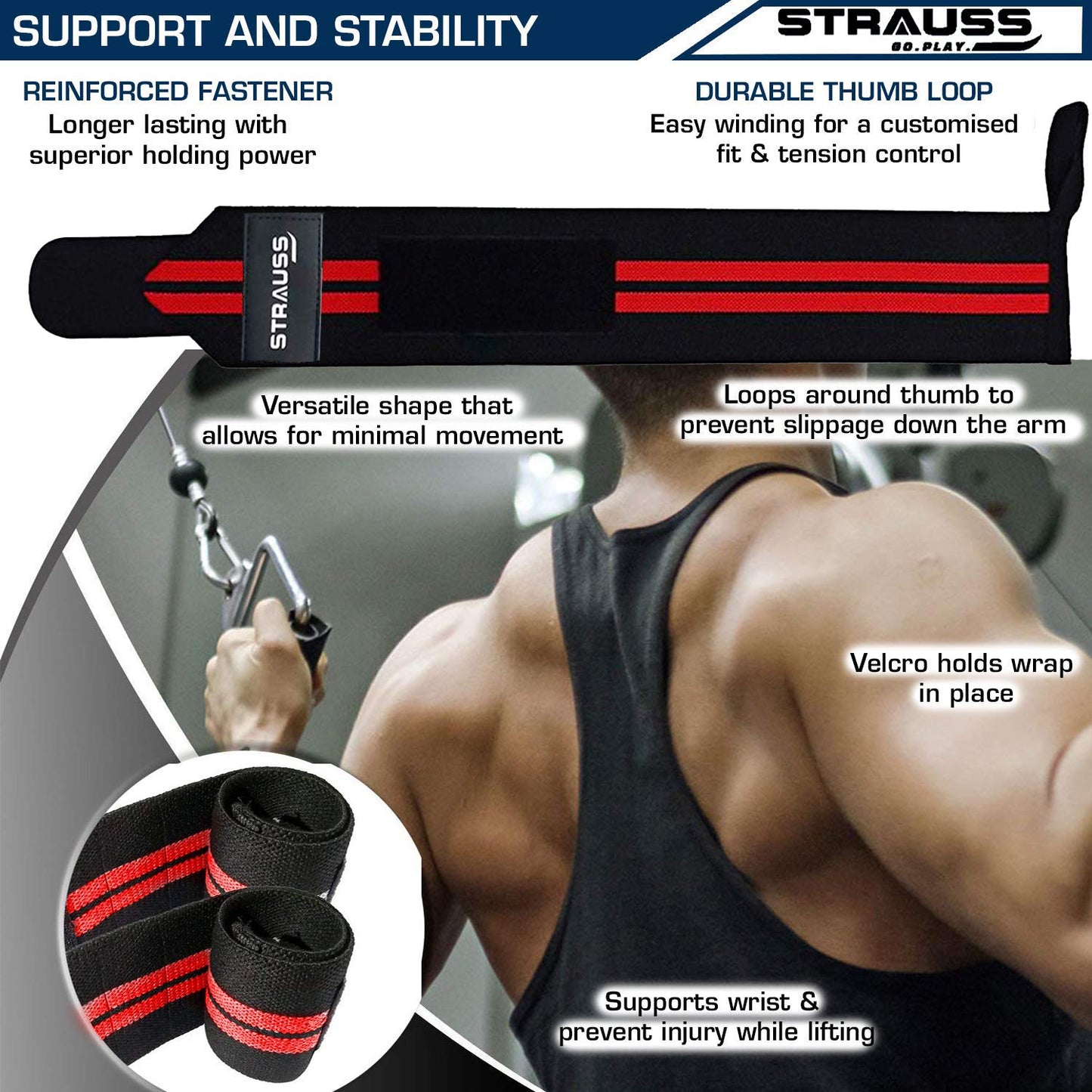 STRAUSS WL Cotton Wrist Supporter with Thumb Loop, Adjustable, Breathable, Powerful Velcro, Soft Material, Black/Red for Gym Workouts & Strength Training.