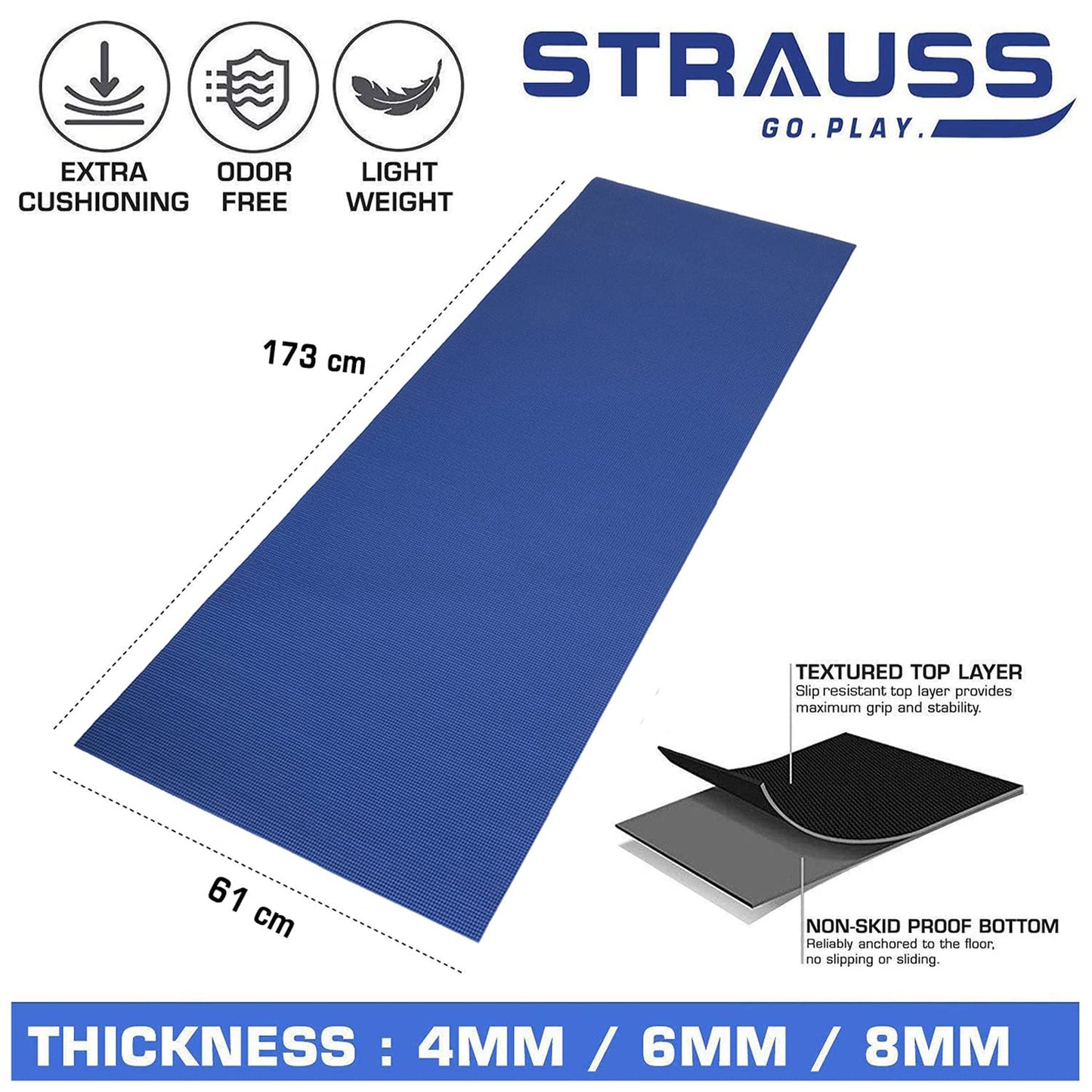 STRAUSS 8mm Blue Yoga Mat with Carry Bag, Non-Slip, Lightweight, Durable, Eco-friendly for Home Gym, Yoga, Pilates