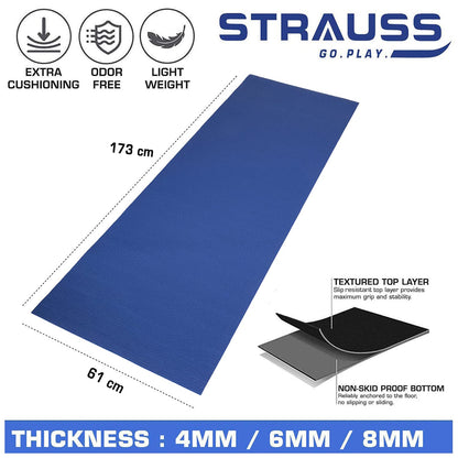 STRAUSS 8mm Blue Yoga Mat with Carry Bag, Non-Slip, Lightweight, Durable, Eco-friendly for Home Gym, Yoga, Pilates