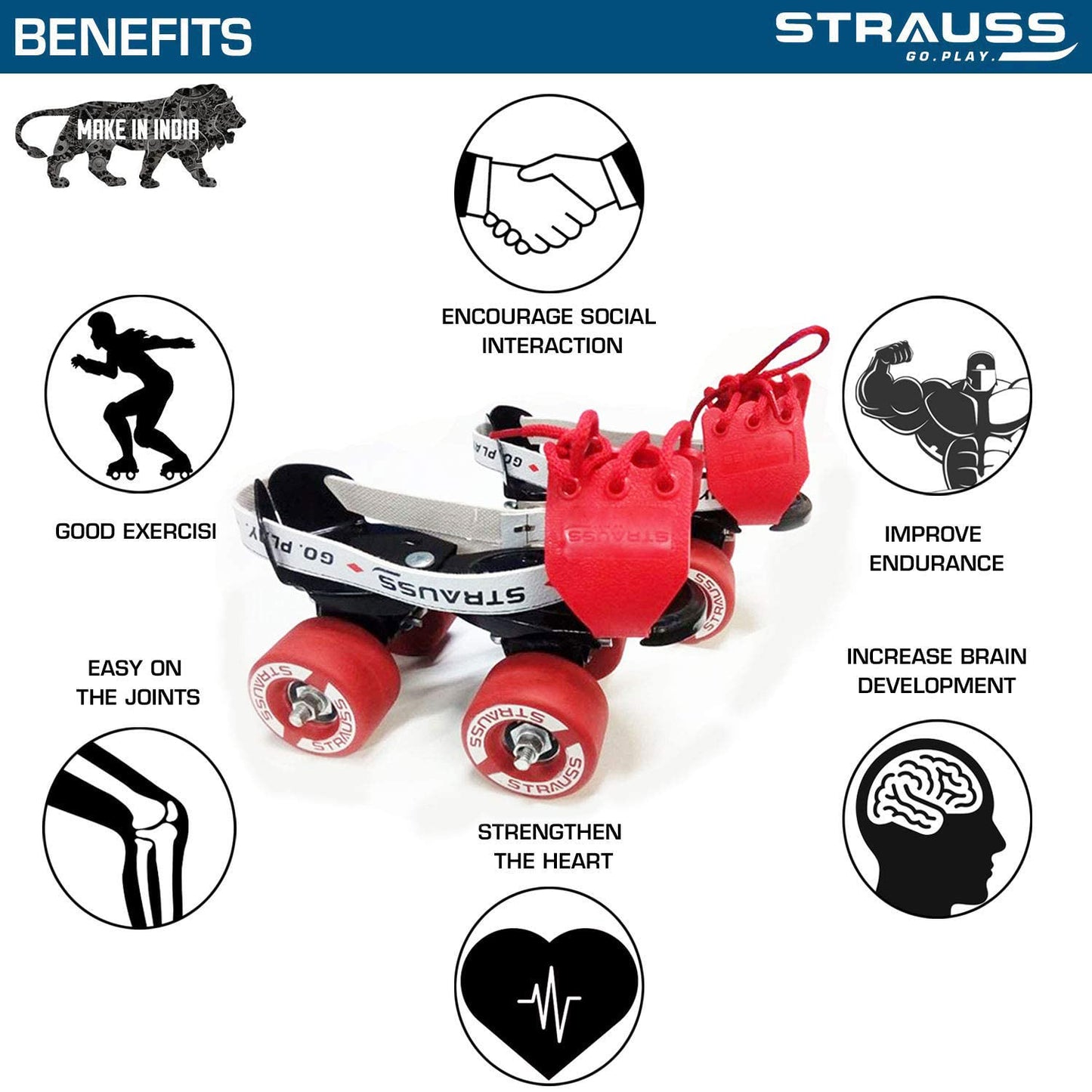 STRAUSS Tenacity Roller Skates for Kids, Adjustable Size, 4 Wheels, Indoor/Outdoor, Ages 6-8, Black