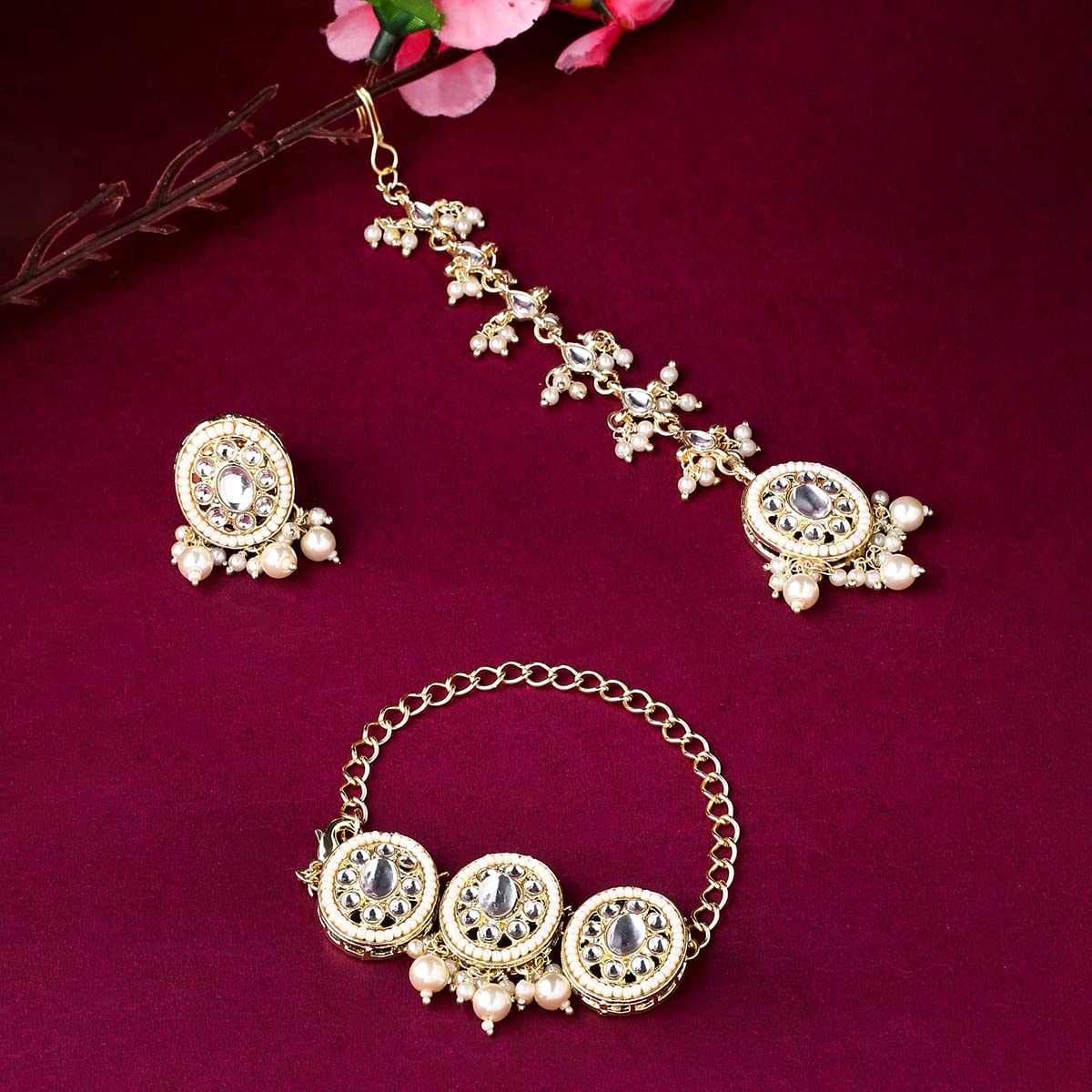 Yellow Chimes Bracelet Ring and Maangtikka Set for Women and Girls Gold Plated Kundan and Beads Studded Jewellery Set for Women and Girls