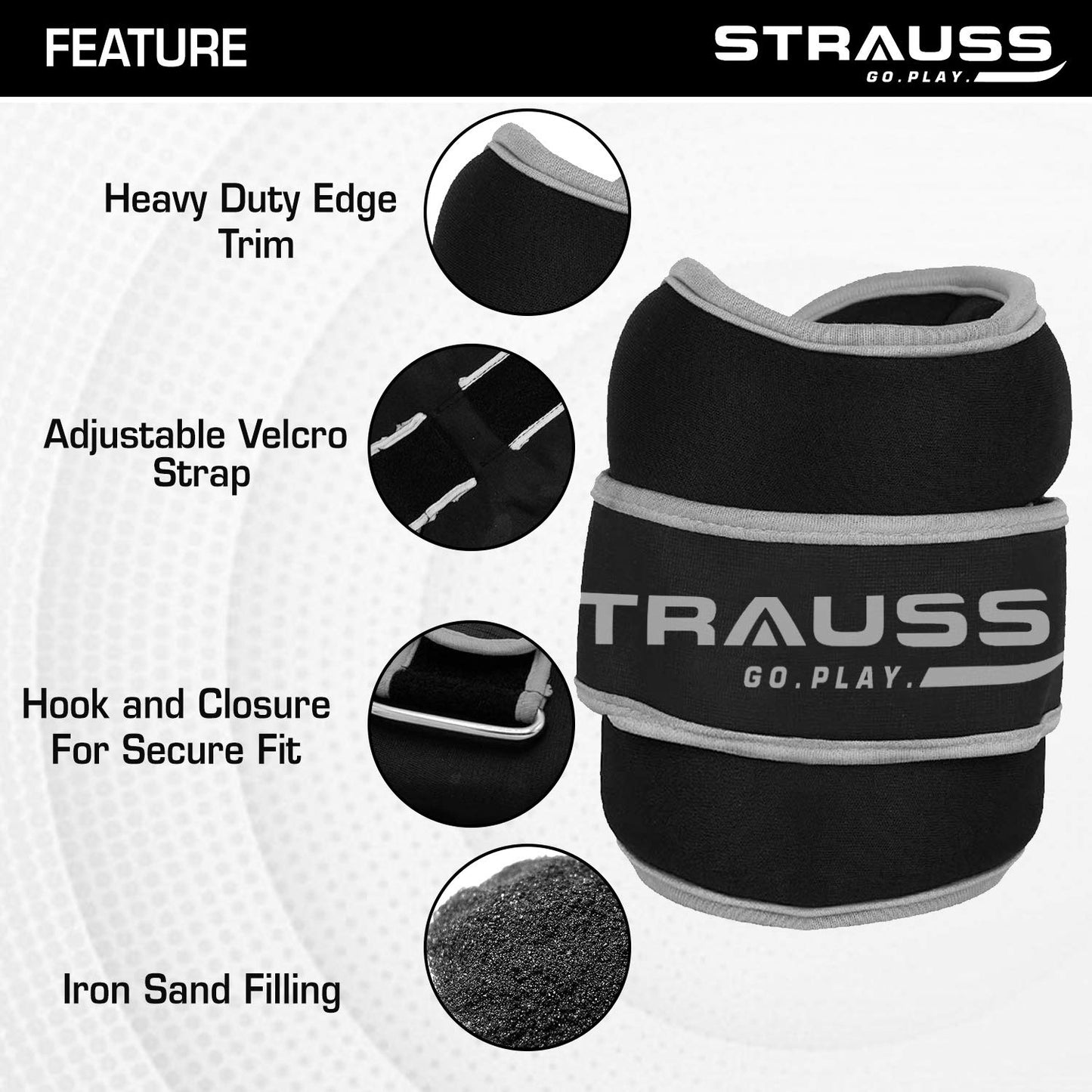 Strauss Adjustable Ankle/Wrist Weights 1.5 KG x 2 for Walking, Running, Jogging, Cycling, Gym, Strength Training. Easy to Use. Grey.