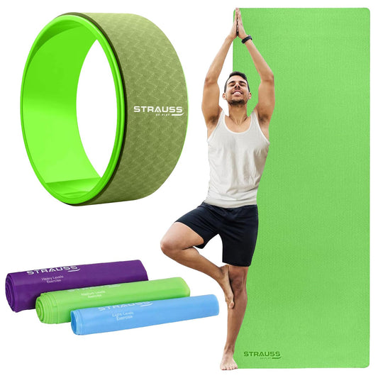 STRAUSS Yoga Combo Kit 6mm Green EVA Yoga Mat 3 Pack Multicolor Latex Resistance bands12 inch Green Yoga Wheel Ideal for Yoga  Training