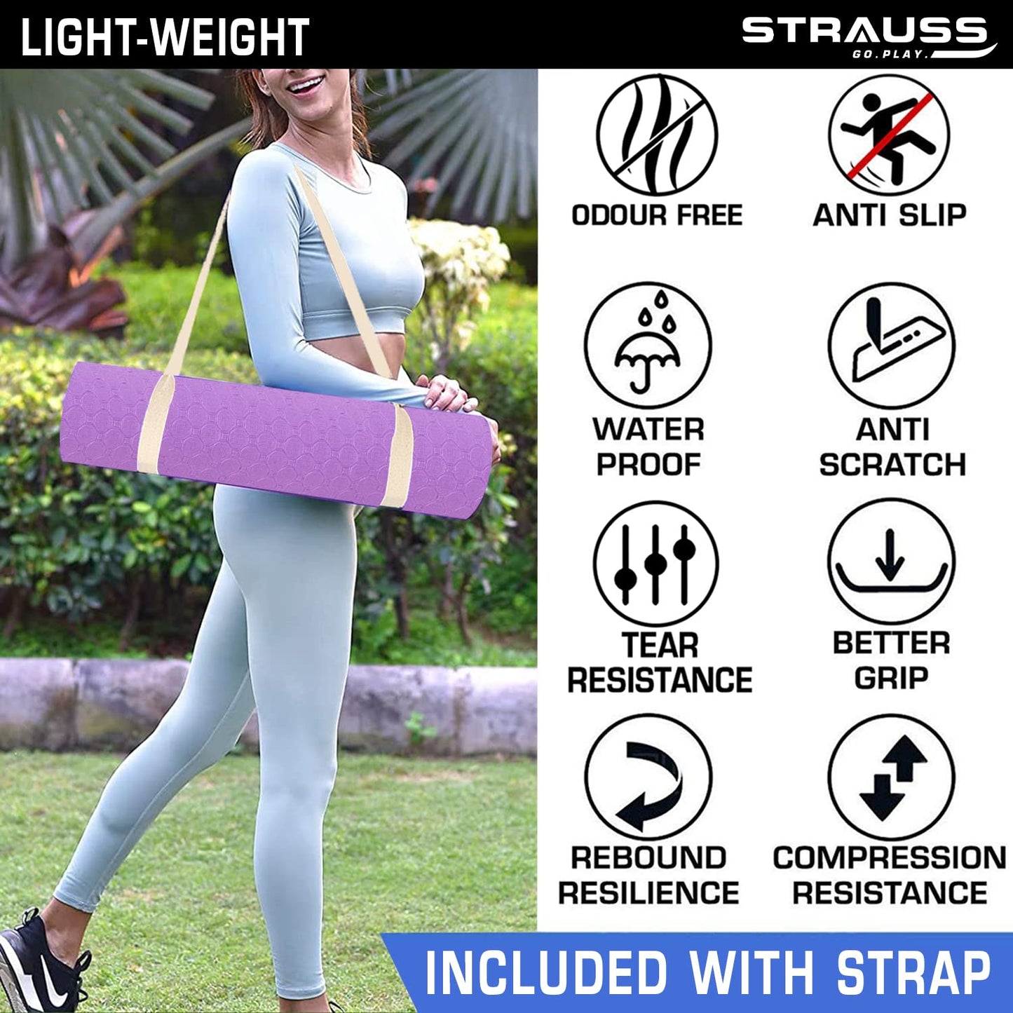 Strauss TPE Yoga Mat, 6MM, Anti-Slip, with Carry Strap. Ideal for Home Workout, Gym, Yoga. Suitable for Men, Women, Kids. Purple.