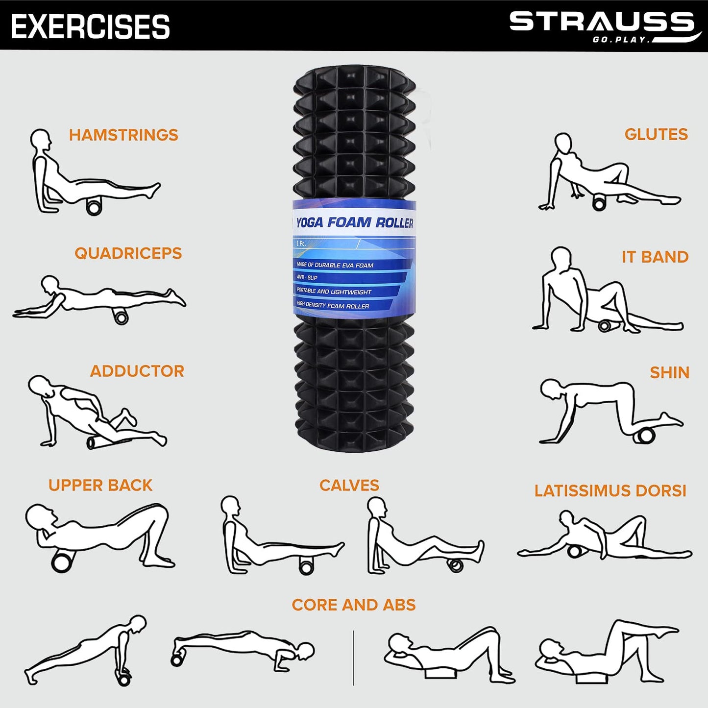 Strauss Grid Foam Roller 45 cm Black Grid Black 45cm