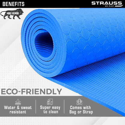 Strauss TPE Yoga Mat, 6MM, Sky Blue, Anti-Slip, with Carry Strap. Ideal for Home Workout, Gym, Yoga for Men, Women, and Kids.