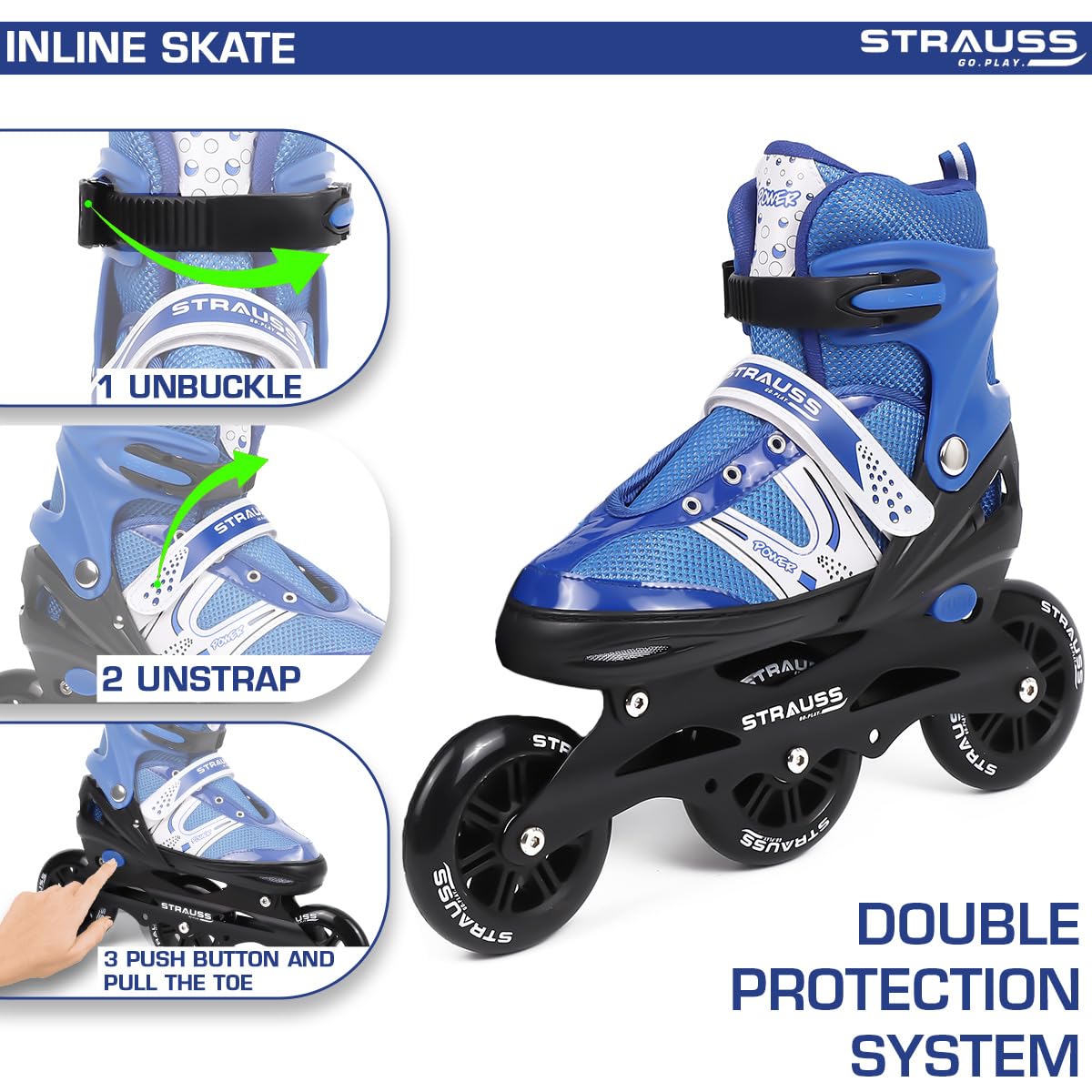 STRAUSS Blaze Adjustable Inline Skates for Boys & Girls, 3 Wheels, Beginner-Friendly, Enhanced Stability, Size L, Blue