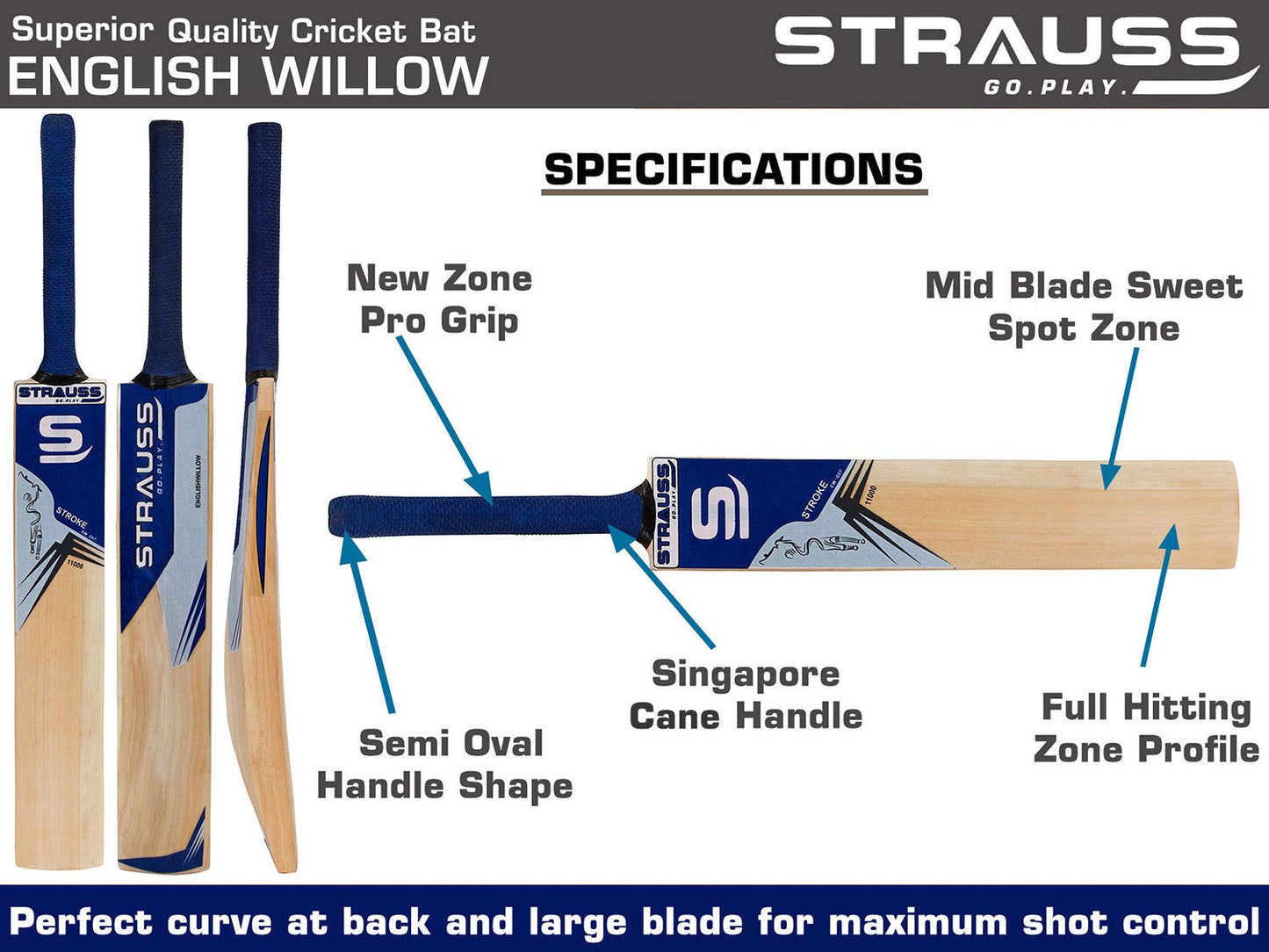 Strauss Cricket Bat  Edition 11000  English Willow  Size Short Handle  Premium Leather Ball Cricket Bat