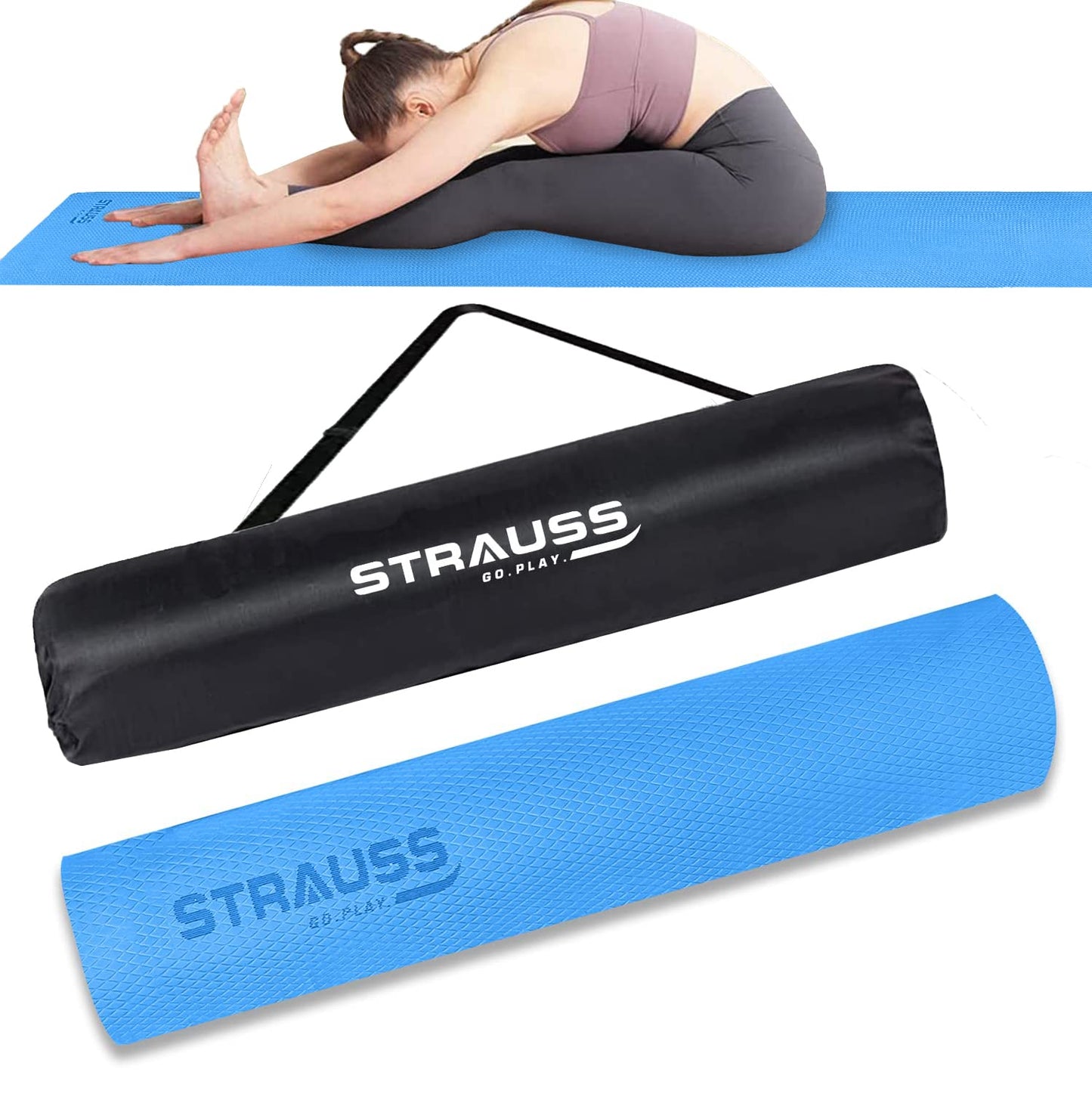 STRAUSS Anti Skid EVA Yoga Mat with Carry Bag 6mm Non-Slip Exercise Mat for Home  Gym  Lightweight  Durable Workout Mat  Ideal for Yoga Pilates Fitness  Ideal for Men  Women Sky Blue