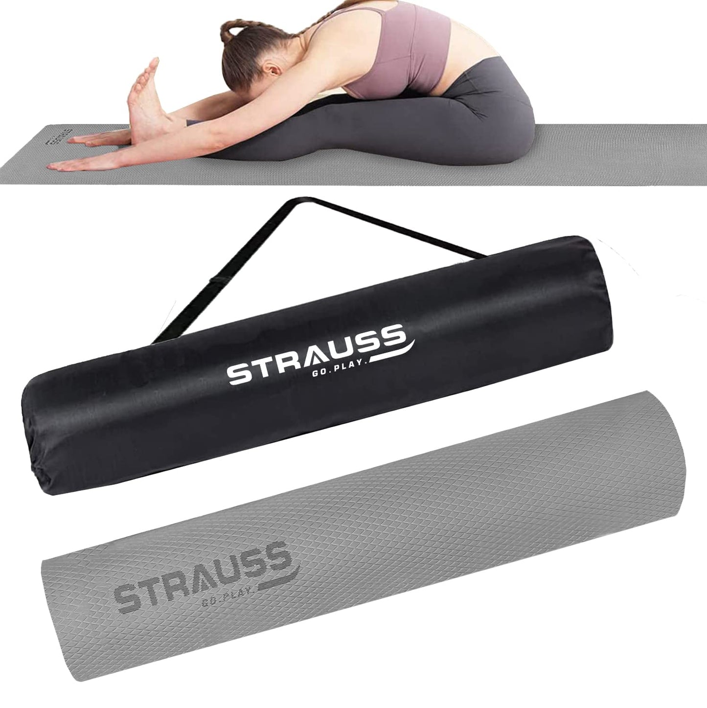 Strauss Anti Skid EVA Yoga Mat with Carry Bag 8mm Grey