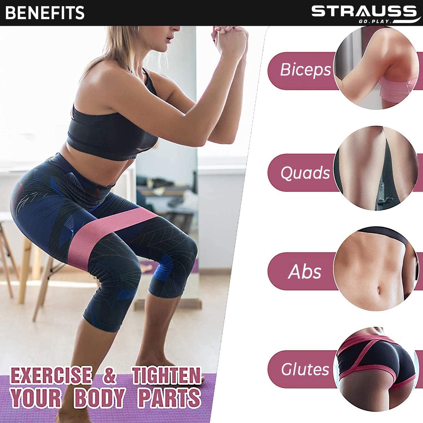 Strauss Fabric Resistance Bands for Exercise & Workout, Ideal for Stretching, Chin Ups, Physical Therapy, Home Exercise for Men & Women, Pink