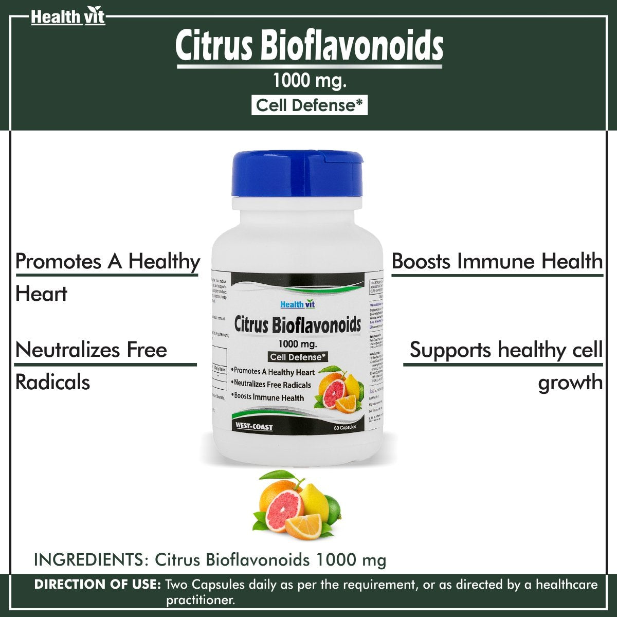 Healthvit Citrus Bioflavonoids 1000mg, 60 Vegan Capsules: Supports Heart Health, Cell Growth, and Fights Free Radicals.