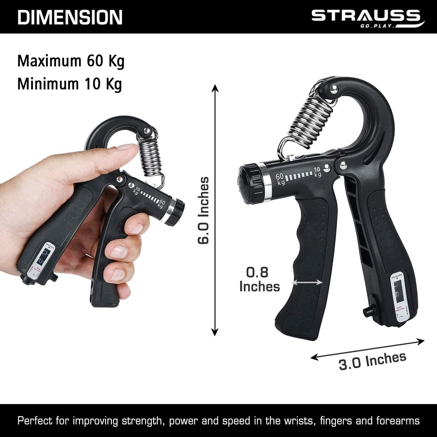 Strauss Adjustable Hand Grip with Counter, 5KG-60KG Resistance, Ideal for Forearm & Hand Exercises, Strength Building for Men & Women, Black