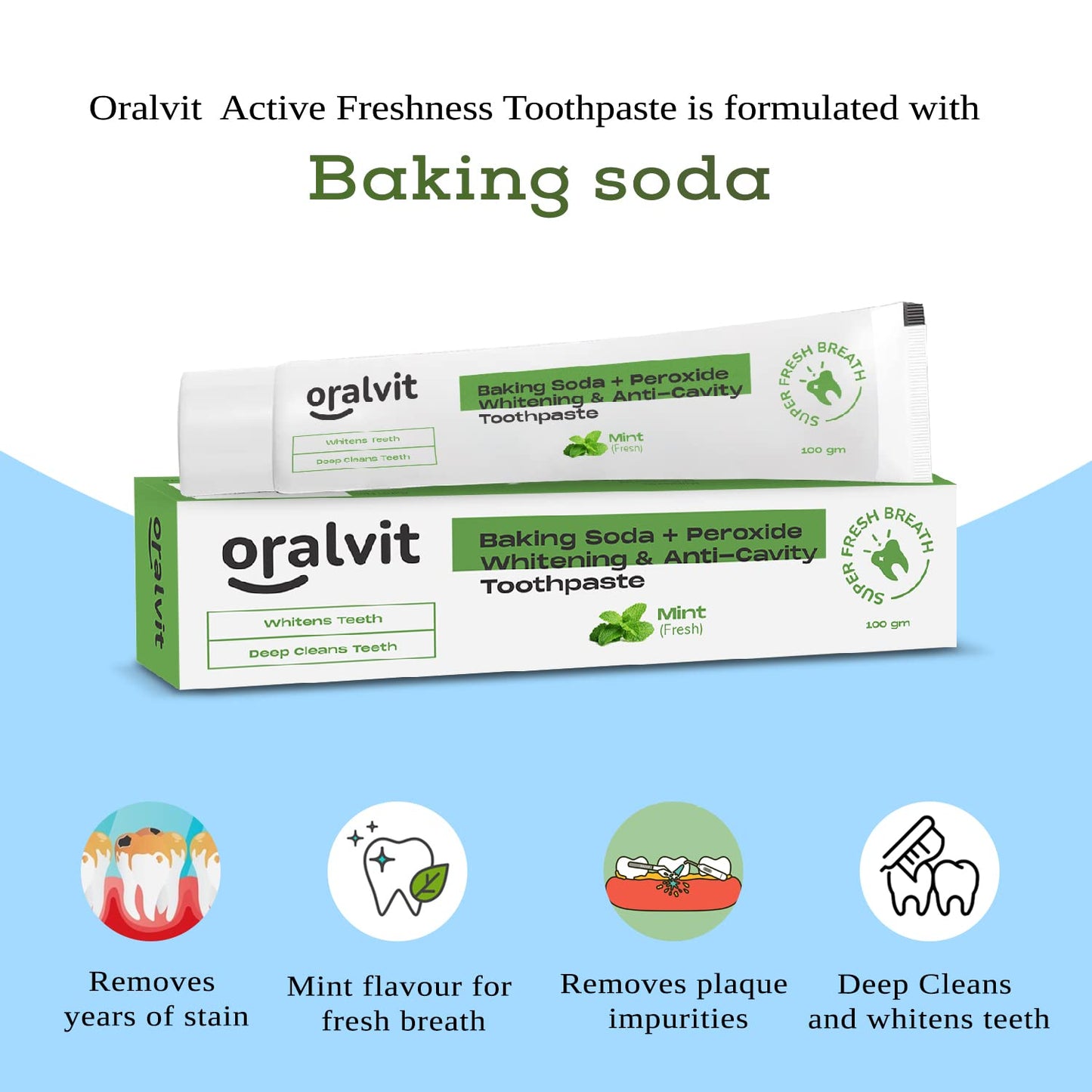 Oralvit Baking Soda & Peroxide Toothpaste, Mint, 100gm: Whitening, Anti-Cavity, Deep Cleanse, Super Fresh Breath.